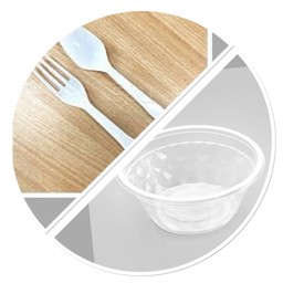 ถ้วยพลาสติกกับช้อนซ่อม