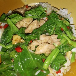 ผัดคะน้าไก่ราดข้าว พร้อมไข่ดาวหรือไข่เจียว