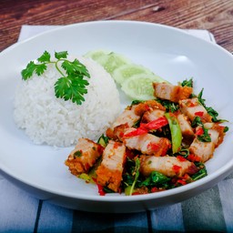 ผัดกะเพราหมูกรอบราดข้าว