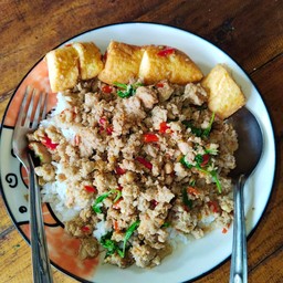 กระเพราเต้าหู้หลอดหมูสับ
