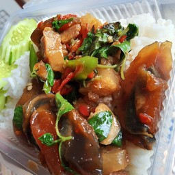 กระเพราหมูกรอบไข่เยี่ยวม้า