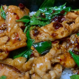 หมูชิ้นผัดใบโหระพาราดข้าว