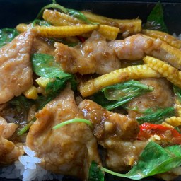 เขียวหวานผัดแห้ง หมูราดข้าว