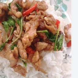 กระเพราหมูชิ้นราดข้าว