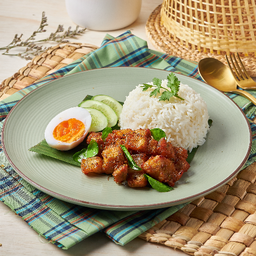 ข้าวหมูทอดพริกแกงใต้+ไข่ต้ม