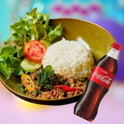 [อร่อยซ่ากับโค้ก] ผัดกะเพราหมูสับราดข้าว กับ โค้ก 1 ขวด