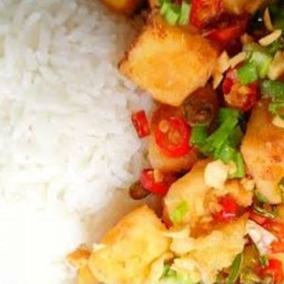 ข้าวราดเต้าหู้ไข่ทอดคั่วพริกเกลือ-ไข่ต้ม(มังสวิรัติ)