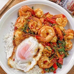 กระเพราผัดพริกแห้งกุ้ง ราดข้าว