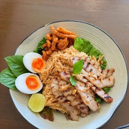 Seasoned Egg Noodles with Grilled Pork Neck, Spicy Crispy Pork, & Soft-Boiled Egg