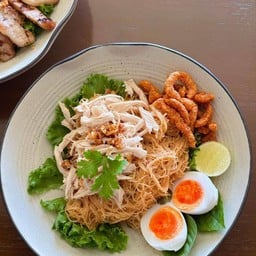 Seasoned Egg Noodles with Shredded Chicken, Spicy Pork Cracklings & Soft-Boiled Egg