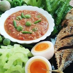 ชุดน้ำพริก-ไข่ต้ม2ฟอง-ปลาทู1ตัว-ผักลวกตามฤดูกาล(กับข้าว)