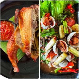 ตำไหลบัวหอยแครง + ไก่แบโอ่งครึ่งตัว