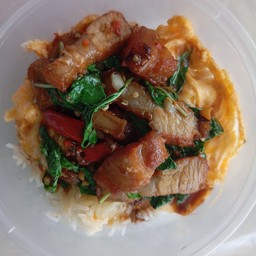 ผัดกระเพราหมูทอด(หมูเนื้อล้วน)ราดข้าว
