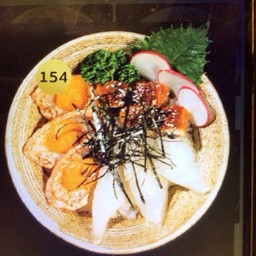 154.ข้าวหน้าปลาไหล+ครีบปลาตาเดียว+ปลาแซลมอนเบิร์นไฟซอสเมนไทโกะ