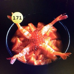 171.ข้าวหน้ากุ้งอามาเอบิ+ ปลาแซลมอน+ ไข่ปลาแซลมอน
