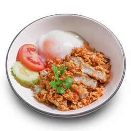 ข้าวคอหมูทอดคั่วพริกเกลือ ไข่ออนเซ็น