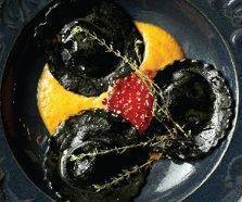 Black Ravioli with Crab Meat + Ikura + Salmon Sauce