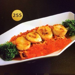 255.เส้นแองเจิ้ลแฮร์ผัดซอสท็อปหอยเชลล์ไข่ปลาแซลมอน+ไข่กุ้ง