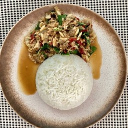 ข้าวราดหอยลายผัดโหระพา