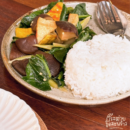 ผัดคะน้าเห็ดหอมเจ+ข้าวเปล่า