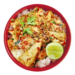 อร่อยยกนิ้ว - ข้าวหน้า ท้องแซลมอน คั่วพริกกระเทียม