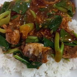 คะน้าปลากระป๋องราดข้าว