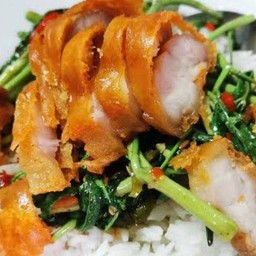 ข้าวราดกระเฉดหมูกรอบ