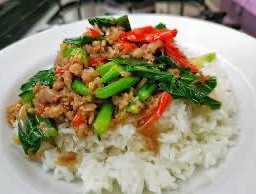 ข้าวราดผัดคะน้าน้ำมันหอยหมูสับ