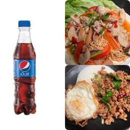 ข้าวกระเพราหมูสับ+ยำมาม่า+เป๊ปซี่