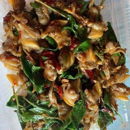 เนื้อหอยลายผัดกะเพราราดข้าว