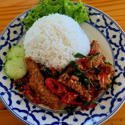 ข้าวกระเพราหมูทอด (ข้าวหอมมะลิ) New!!!!