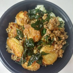 ข้าวหอมมะลิราดกระเพราหมูสับเต้าหู้ไข่