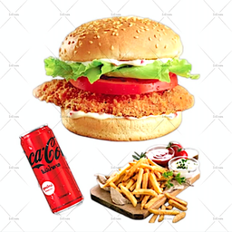 เบอร์เกอร์ไก่กรอบ+เฟรนฟราย+โค้กไม่มีน้ำตาล