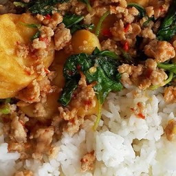 ข้าว_ ผัดกระเพราเต้าหู้หมูสับ