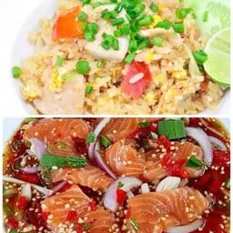 ยำแซลม่อน + ข้าวผัดหมู