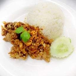 D ข้าวราด หมูชิ้น กระเทียมพริกไทย