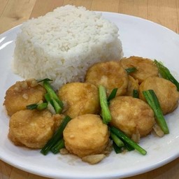 116เต้าหู้ไข่ทอดผัดต้นหอม(ราดข้าว)