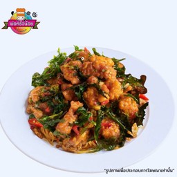 กะเพราหนังไก่ทอด ไฟลุก  ราดข้าว