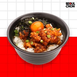 ข้าวไก่ทอดรสเผ็ดและสาหร่าย+ไข่ดองซีอิ๊ว