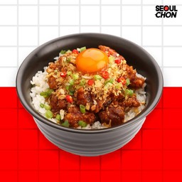 ข้าวไก่ทอดพริกกระเทียม + ไข่ดองซีอิ๊ว
