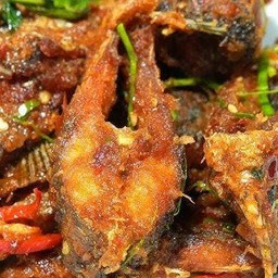 ปลานิลทอด หั่นชิ้น ผัดพริกแกง ใบโหระพา