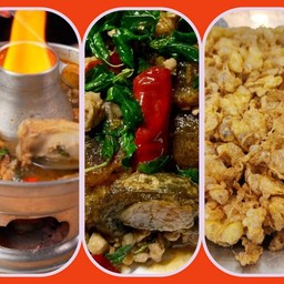 ต้มแซ่บกระดูก + กระเพรา ไข่เยี่ยวม้า+ ไข่เจียว +ข้าว 1 ถุง