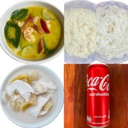 [อร่อยซ่ากับโค้ก] Set แกงเขียวหวานกุ้ง (แกงเขียวหวาน+ข้าวหรือขนมจีน+กล้วยบวชชี) +  โค้ก ออริจินัล (กระป๋อง)