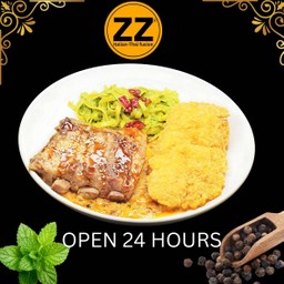 1100 ปลาทอดกับซี่โครงหมูทานกับฟิตตูชินี่เพสโตซ้อส