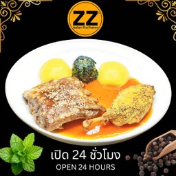 2402 เป็ดกงฟีซ้อสส้ม+ซี่โครงหมูอบทานกับมันต้มและผักโขมอบชีส