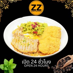 ปลาทอด+พอร์คช้อพทานกับฟิตตูชินี่ซ้อสเพสโต