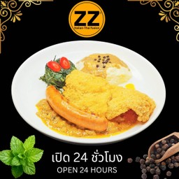 1005 ปลาทอดกับใส้กรอกหมูทานกับผักโขมอบชีสและมันบด