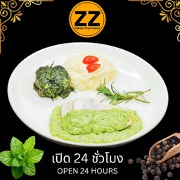 1101 ปลากระพงตุ๋นพาสเล่ย์ซ้อสกับมันบดและผักโขมอบชีส