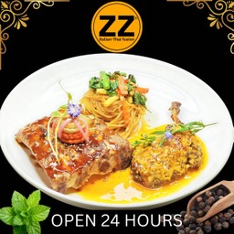 2704 ซี่โครงหมู+เป็ดกงฟีซ้อสส้มทานกับสปาเก็ตตี้ขี้เมา