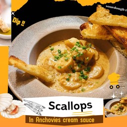 Scallops in Anchovies  cream sauce  with  Sour dough bread